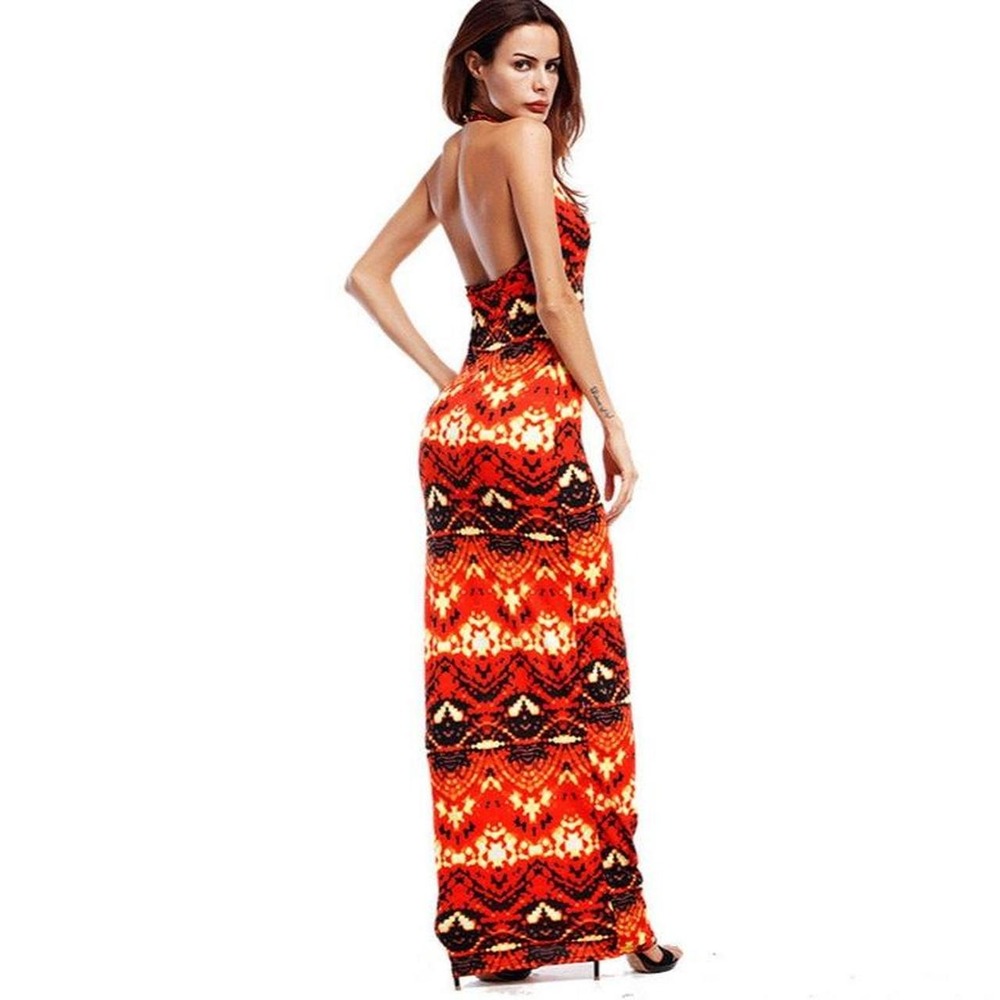 Women's Multi Colored Boho Halter Neck Maxi Dress with Open Back